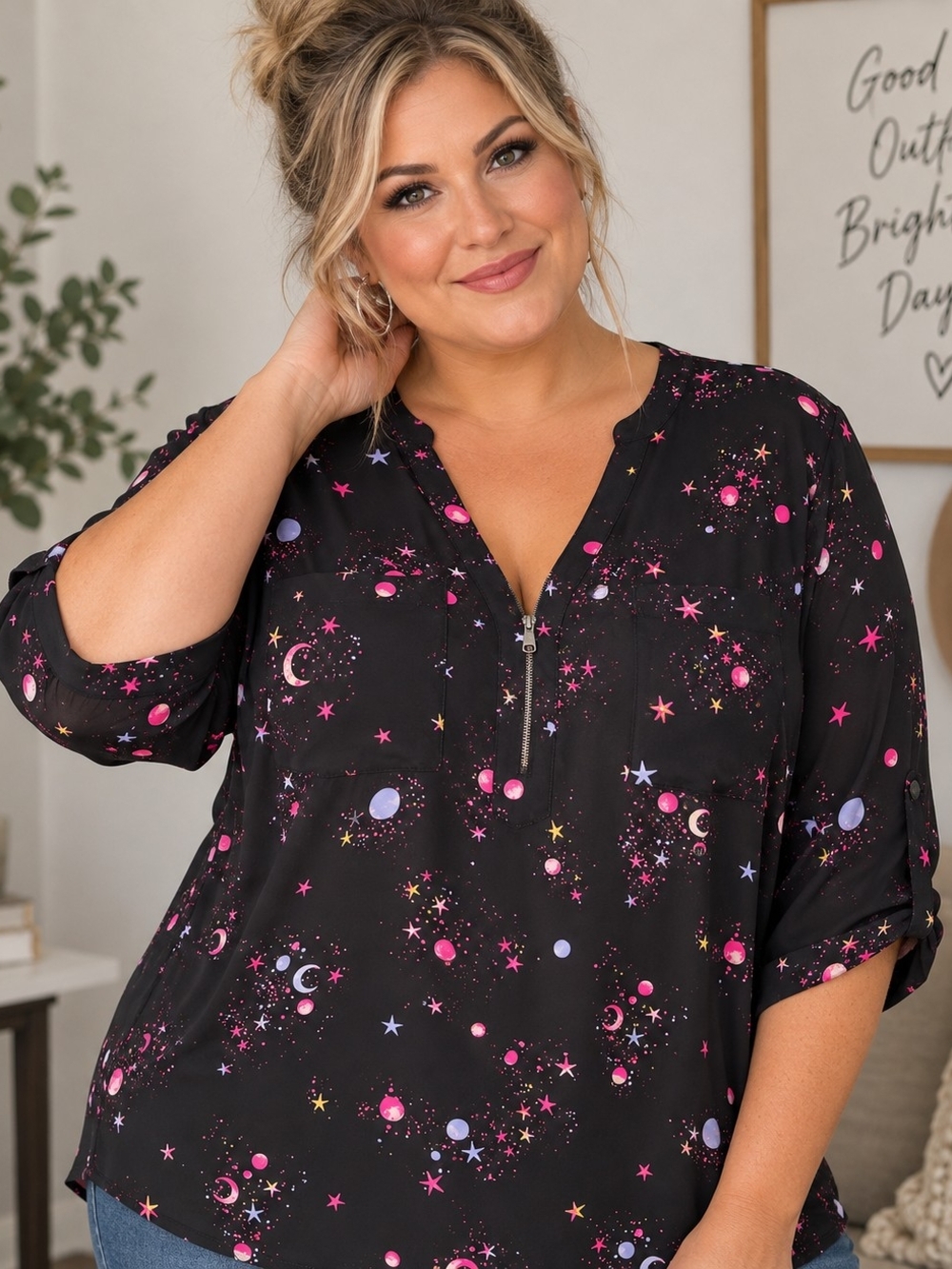Torrid Harper Georgette Blouse Size 2 18/20 Black Moon Stars Celestial Print